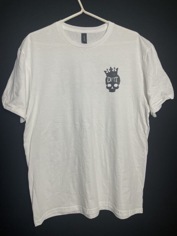 White Men's T - BLACK - SMALL SKULL LOGO WITH DFTT ON BACK